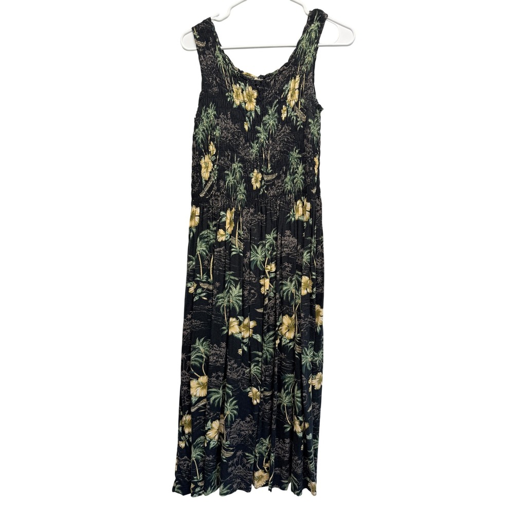 Aloha Hut Hawaii Maxi Dress Tropical Palm Tree Smocked One Size Black Women